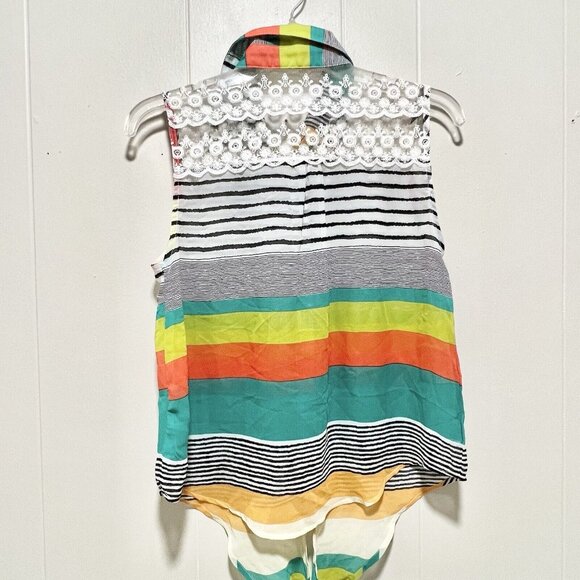 Oh My Julian Sheer Sleeveless Shirt Lace Stripe Colorblock Size Large - Picture 4 of 6